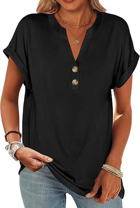 Women’s Short Sleeve Henley Tops V Neck Dressy Casual Summer Trendy Blouses