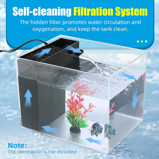 1 Gallon Betta Fish Tank Aquarium Kit, Small Fish Bowl with LED Light & Filter Pump