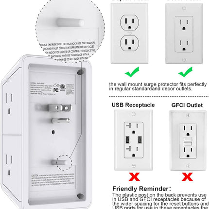 3-Sided 6-Outlet Surge Protector with USB-C, 3 USB Ports & Night Light, White