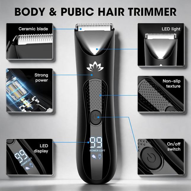 Mens Body Groomer Ball Trimmer Electric Razor LED Light Wet Dry Shaver