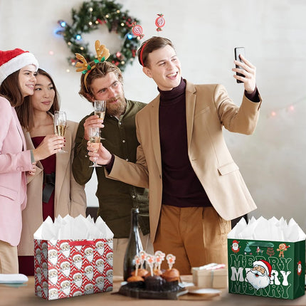 2PCS Large Christmas Gift Bags with Tissue Paper and Card Santa Claus