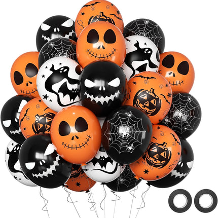 50-Piece Halloween Balloons, Black Orange White Bat Pumpkin Spider Web Party Decor