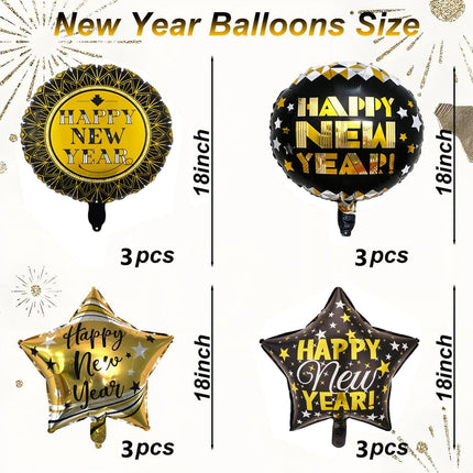 12 PCS Happy New Year 2026 Balloons 18" Black & Gold Foil Party Decorations