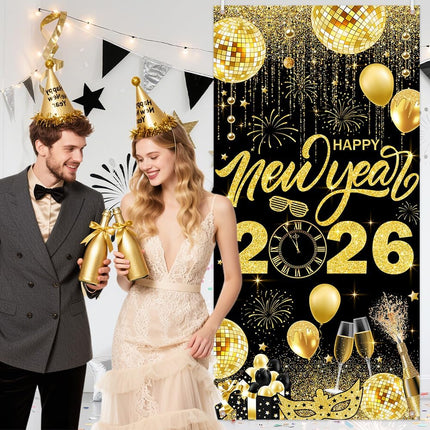 Happy New Year 2026 Banner – Black & Gold Party & Photo Background