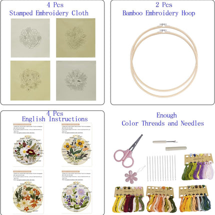4 Sets Embroidery Kit for Beginners, Includes Hoops, Threads, Needles & Patterns