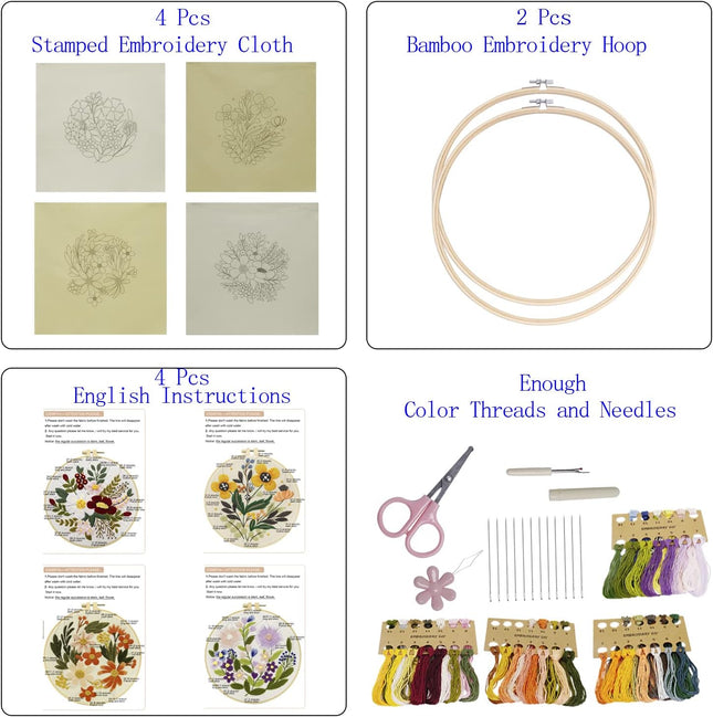 4 Sets Embroidery Kit for Beginners, Includes Hoops, Threads, Needles & Patterns