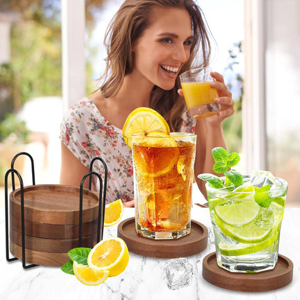 6 Pcs Wooden Coasters with Holder – Acacia Wood Coaster Set for Drinks & Table Decor