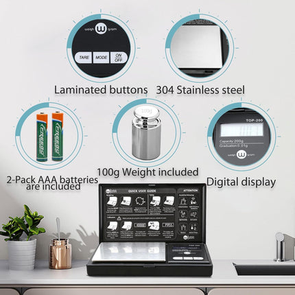 200g Digital Pocket Scale, 0.01g Accuracy with 100g Calibration Weight