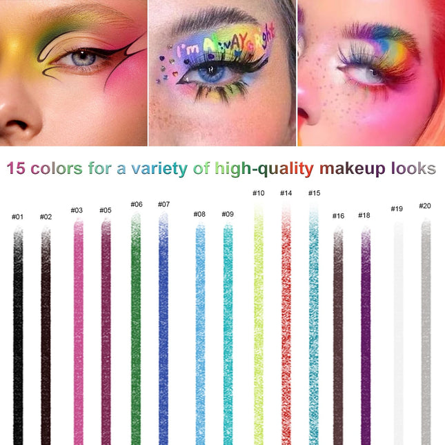 15-Color Eyeliner Pen Set – Waterproof, Metallic Glitter Eye & Lip Liner for Women