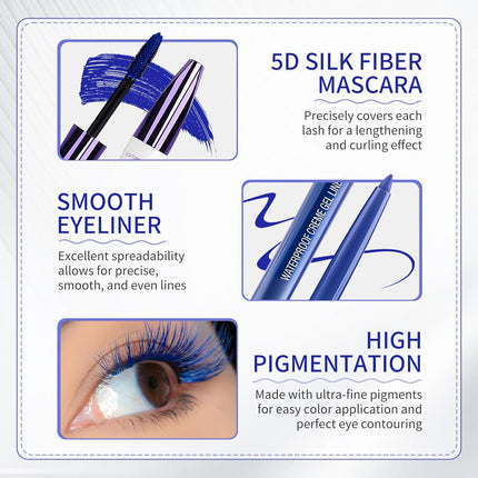 Blue Mascara & Eyeliner Set 5D Waterproof Curling Lengthening Eye Makeup