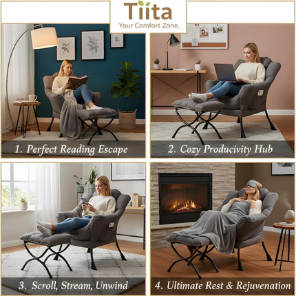 Dark Grey Lazy Chair with Ottoman, Padded Lounge Accent Chair with Side Pocket