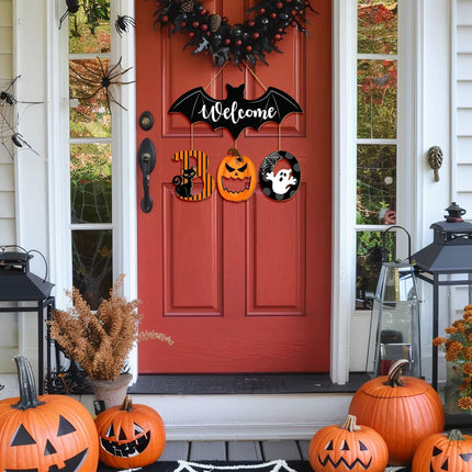 Halloween BOO Door Sign, Wooden Bat Ghost Pumpkin Black Cat Hanging Door Hanger