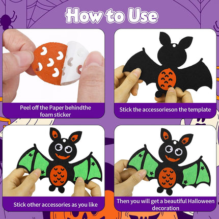 12-Pack Halloween Foam Craft Kits for Kids, Pumpkin Bat DIY Stickers Party Activity