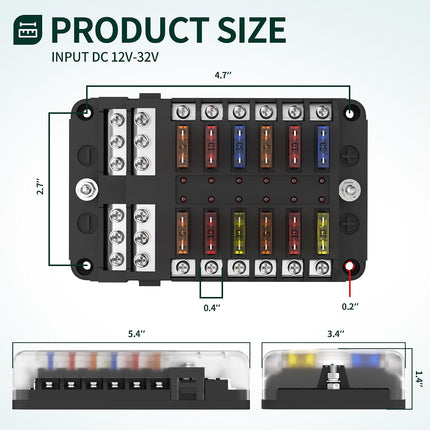 12-Way 12V/24V ATO/ATC Blade Fuse Block, LED Indicator Marine Fuse Panel