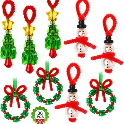 36-Piece Beaded Christmas Ornament Kit, Includes 12 Snowmen & 12 Christmas Trees