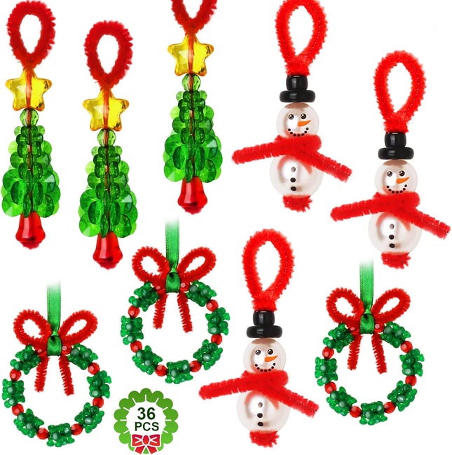 36-Piece Beaded Christmas Ornament Kit, Includes 12 Snowmen & 12 Christmas Trees