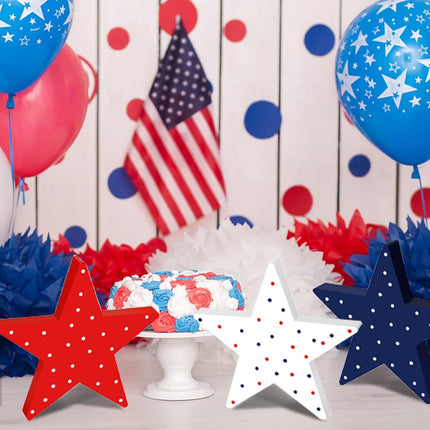 3 Pcs Patriotic Wooden Star Signs 4th of July Red White Blue Table Decor