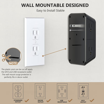 6-Outlet Surge Protector with 4 USB Ports (2 USB-C) – 3-Sided Wall Adapter for Home & Travel