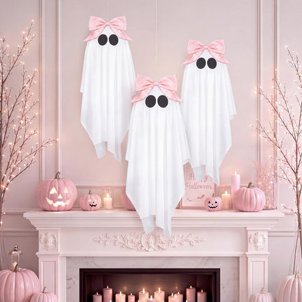 3-Piece 29.9in Pink Bow Halloween Hanging Ghosts, Cute Porch & Yard Party Decor