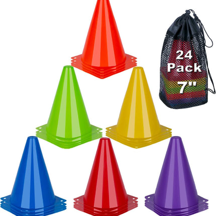 24 Pack 7-Inch Sports Training Cones, 6 Colours, Stackable Plastic Markers with Mesh Bag