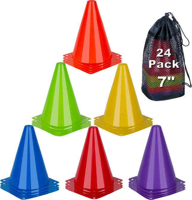 24 Pack 7-Inch Sports Training Cones, 6 Colours, Stackable Plastic Markers with Mesh Bag