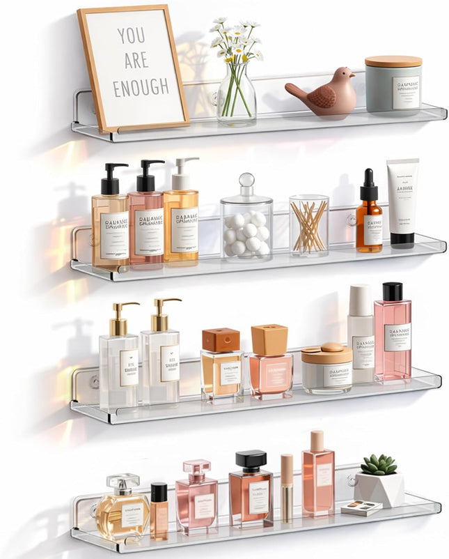 4-Pack Clear Floating Shelves – Organizer for Perfume, Makeup, Decor & More