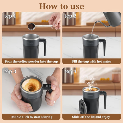 Rechargeable Self Stirring Coffee Mug with LCD Temperature Display, Black