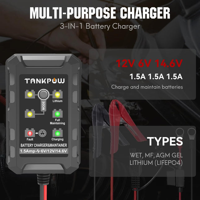 1.5A Smart Battery Charger, 6V/12V/14.6V, Maintainer for Cars, Motorcycles