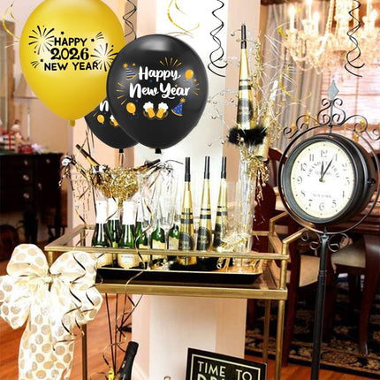 New Year 2026 Party Decorations Banner Glasses Balloons Hanging Swirls