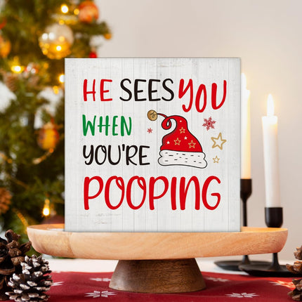 Christmas Humor Bathroom Sign – Wooden Xmas Decor for Shelf or Desk, 5x5”