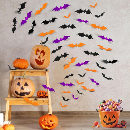 72-Piece 3D Halloween Bat Wall Stickers, 4 Sizes, PVC Indoor Outdoor Decor