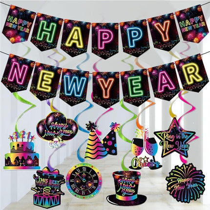 Happy New Year 2025 Neon Party Banner & Hanging Swirls – NYE Decor