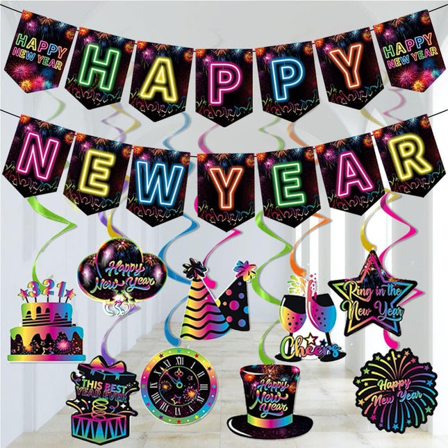 Happy New Year 2025 Neon Party Banner & Hanging Swirls – NYE Decor