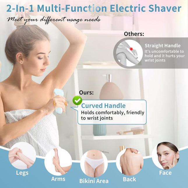 2-in-1 Electric Shaver for Women – Waterproof Bikini & Body Razor, Removable Head