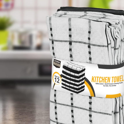12 Pack Black Kitchen Towels 100% Ring Spun Cotton Soft Absorbent 15x25