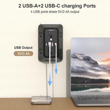 6-Outlet Surge Protector with 4 USB Ports (2 USB-C) – 3-Sided Wall Adapter for Home & Travel