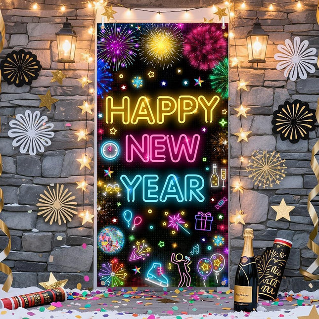 Happy New Year 2026 Door Banner – Colorful Neon Firework Party Decor