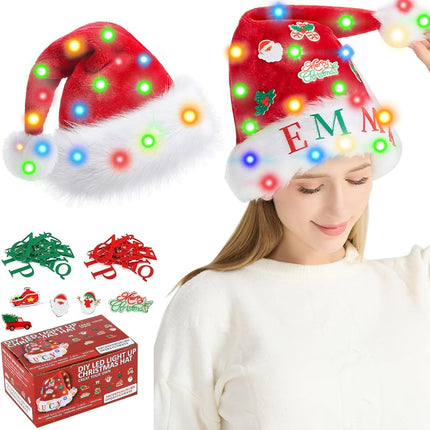 Christmas LED Light-Up Hat – Santa Headwear with Stickers & Ornaments
