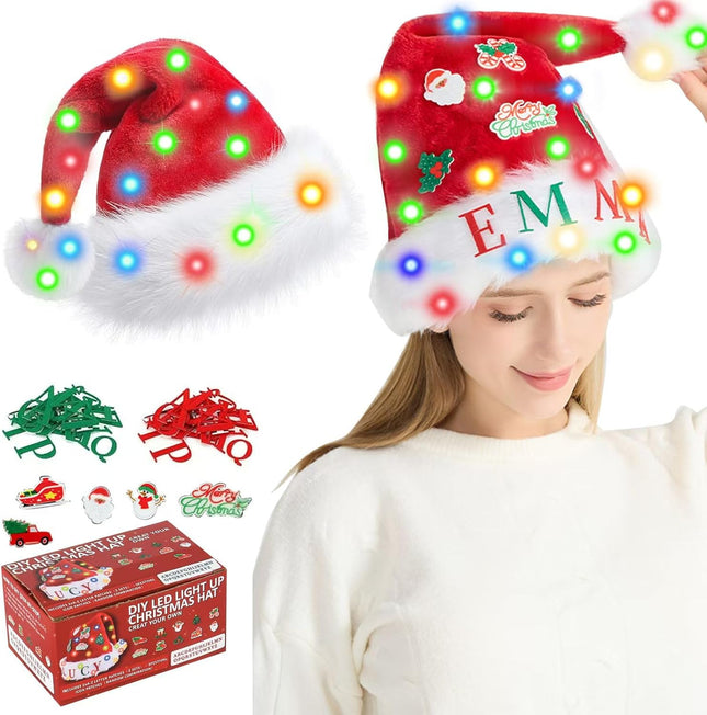 Christmas LED Light-Up Hat – Santa Headwear with Stickers & Ornaments