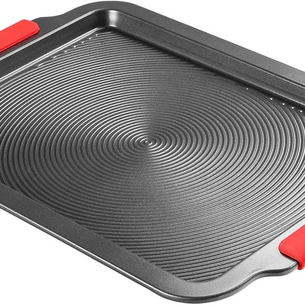 16x11in Nonstick Baking Sheet with Circle Grooves, Cookie Pan with Red Grips, Gray