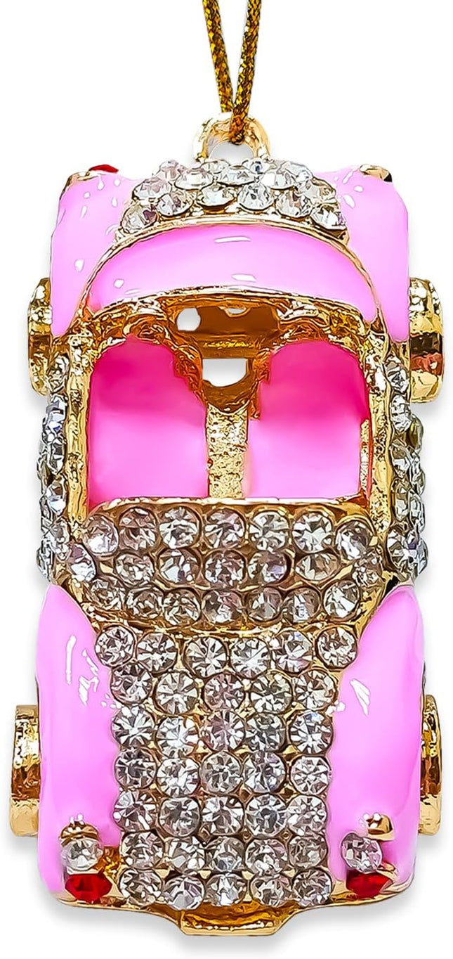 Pink Car Christmas Ornament – Metallic Handmade Design with Rhinestones for Girls