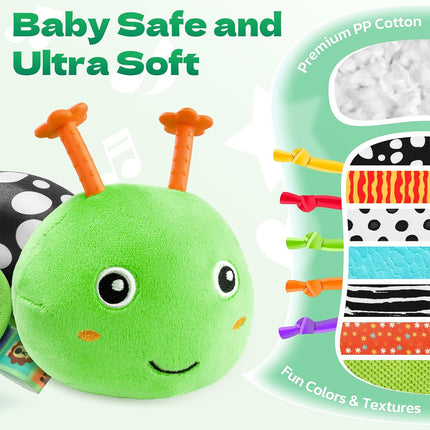 Baby Sensory Toy – Musical Caterpillar Plush with Teether, Rattle & Mirror