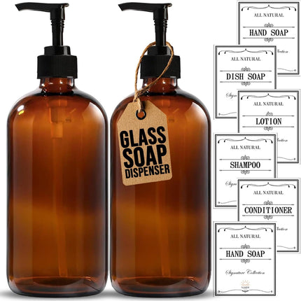 16oz Amber Glass Soap Dispenser Set 2 Pack with Pump & 6 Waterproof Labels