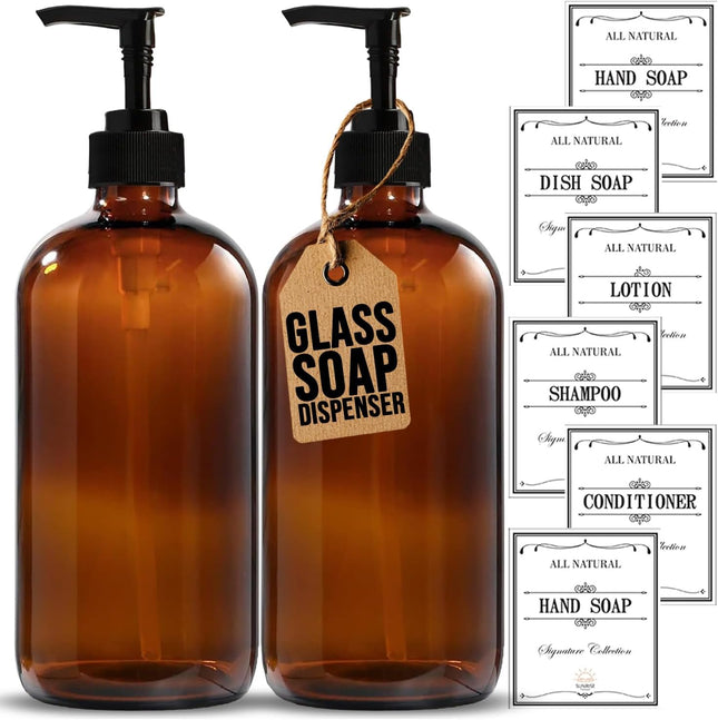 16oz Amber Glass Soap Dispenser Set 2 Pack with Pump & 6 Waterproof Labels