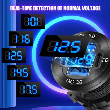 Upgraded 4-Port 12V USB Charger – Dual PD & QC, Voltmeter for Car, Boat, RV, Motorcycle