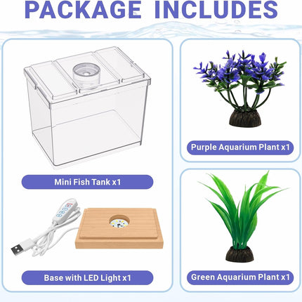 Mini Betta Fish Tank Kit 0.2 Gallon with 3 Colour LED Light Base and Artificial Plants