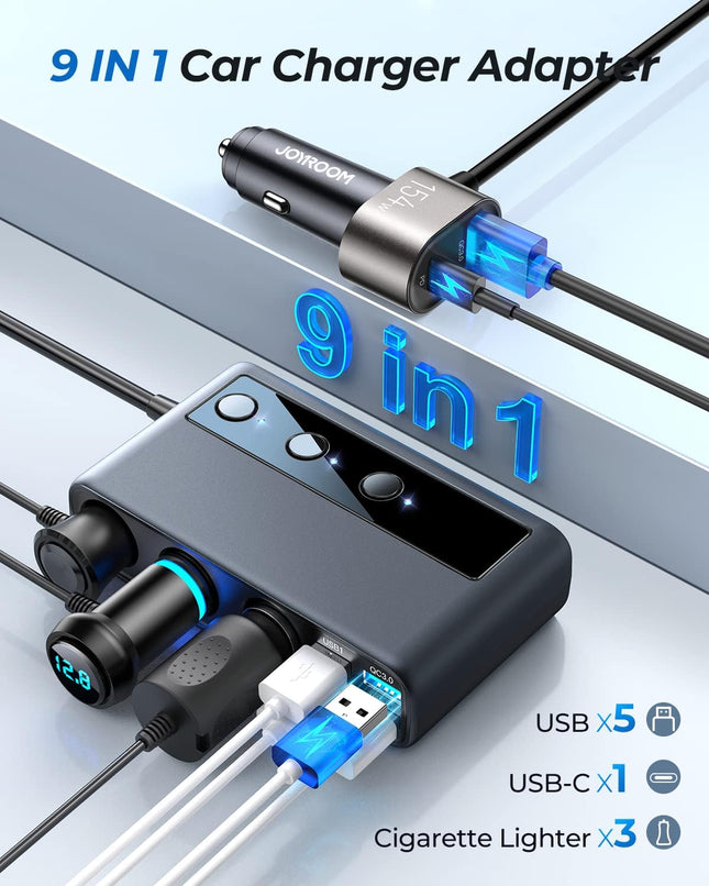 9-in-1 Cigarette Lighter Splitter, 210W Car Charger, PD/QC 3.0, 12V/24V