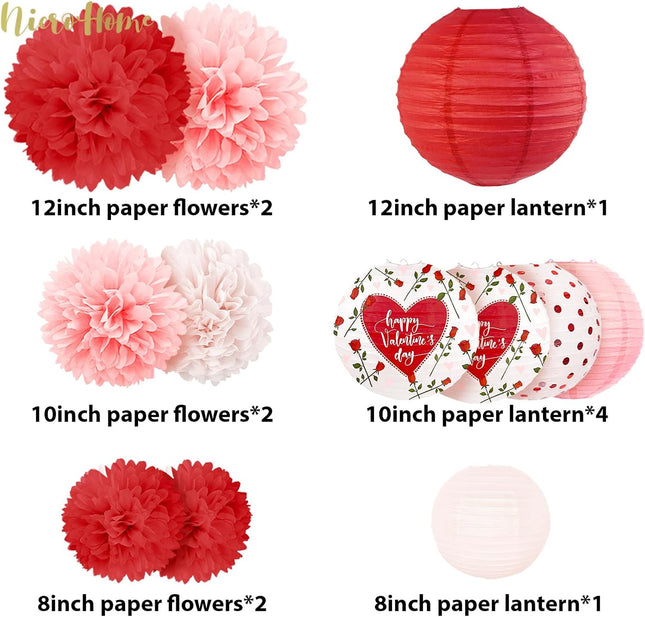 12 PCS Valentine’s Day Decorations: Pink & Red Love Pom Poms and Lanterns Set