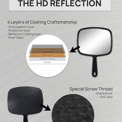 10.3"x7.4" Black Hand Mirror – Portable Handheld Mirror with Handle