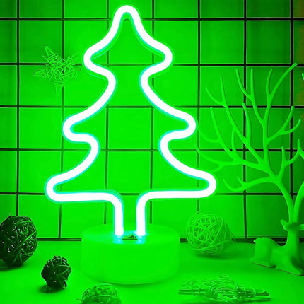 Green Neon Christmas Tree Light – Battery/USB Powered Christmas Sign with Base for Room Decor